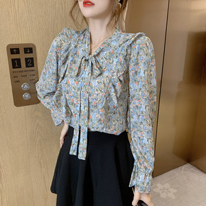 Nueva moda <span class=keywords><strong>mujer</strong></span> señoras primavera <span class=keywords><strong>camisas</strong></span> <span class=keywords><strong>elegantes</strong></span> <span class=keywords><strong>manga</strong></span> <span class=keywords><strong>larga</strong></span> cuello en V lazo Correa Floral Tops blusa camiseta Casual camisa - Product Image 3