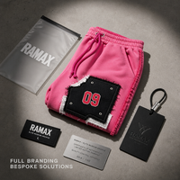 Shorts en molleton rose RAMAX effet vieilli, patchwork, rivets, graphiques 09, style grunge Y2K, streetwear homme, vente en gros personnalisée, jorts