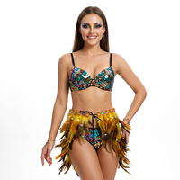 Ensemble soutien-gorge et culotte à sequins pour femme avec jupe à plumes et ceinture, costume de carnaval pour spectacle de danse, tenue de fête à thème