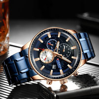 Jam Tangan Pria Best Buy Shanghai Luxury Sports Chronograph Quartz dengan Tali Baja Tahan Karat Biru, Dial Kaca, Tahan Air