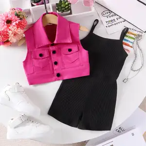 Новинка, модная летняя одежда для девочек, ярко-розовый джинсовый жилет, черный хлопковый камзол, платье из двух предметов для маленьких девочек, эксклюзивный комплект одежды