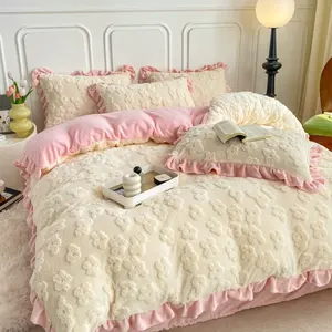 Wholesale New Arrival Luxury 3D Milk Velvet Bed Set Customized Solid Machine Washable Bedding Factory Price Cozy Bedding Set