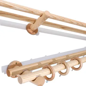 Ash Wood Ball Bracket Single Double Curtain Rod Sets Wooden Curtain Rod Brackets