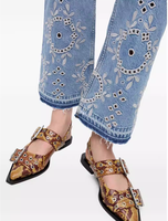 Jean en denim décontracté d'été pour femme, broderie Madeira, ajouré à œillets, motif floral, taille haute, coupe droite ample, boutonné, tissé