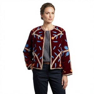 ART&ART Elegant Velvet Embroidered Floral Quilted Jacket Women's Autumn O-Neck Full Sleeve Regular Length Eco-Friendly Quick Dry - Product Image 1