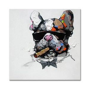 Peinture 100% peinte à la main sur <span class=keywords><strong>toile</strong></span> moderne, Pop Art abstrait, Bouledogue <span class=keywords><strong>patron</strong></span> avec lunettes de soleil, Animal de dessin animé, Peintures à l'huile/acrylique - Product Image 1
