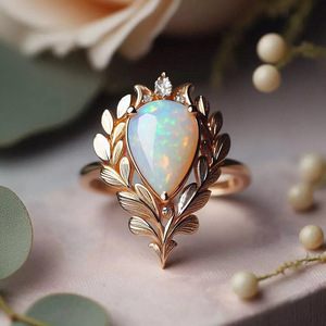 Elegante anello da cocktail con opale per donna, con pietra naturale a forma di pera, con montatura a punta, motivo vegetale, gioielli di moda per matrimonio A013 - Product Image 1