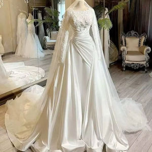 Robes de mariée musulmanes LY-WD1296, coupe trapèze, perles, dentelle, luxe, grande taille, col haut, style vintage, manches longues - Product Image 1