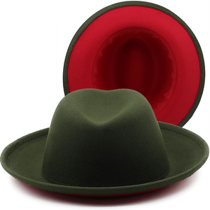 Fedora en <span class=keywords><strong>feutre</strong></span> de laine bicolore pour femmes et hommes Fedora à fond rouge 2 tons avec <span class=keywords><strong>souffleur</strong></span> à bord court plié à bord enroulé Fedoras - Product Image 1