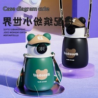 Botol minum termos vakum stainless steel dewasa pintar dengan tutup sedotan desain beruang kartun, portabel, dan dilengkapi tampilan suhu.