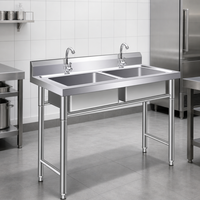 Dubbele spoelbak met onderstel, spatbescherming, makkelijk schoon te maken, duurzaam, voor restaurant, hotel, kantine, commercieel gebruik, roestvrij staal, aanpasbaar