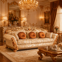 Ensemble de canapés de salon classiques européens de luxe avec détails en bois sculpté, couleurs personnalisables, revêtement pour la décoration de villa