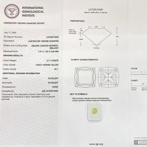 Лабораторно выращенный бриллиант, сертифицированный IGI, HPHT/CVD, фантазийный интенсивно-желтый, огранка «кушон», синтетический бриллиант - Product Image 4
