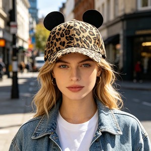 Casquette de baseball unisexe en sergé à imprimé léopard avec oreilles <span class=keywords><strong>d</strong></span>'animaux 3D mignonnes, style sportif et urbain, idéale pour les fêtes en parc à thème, chapeau de soleil ludique - Product Image 2