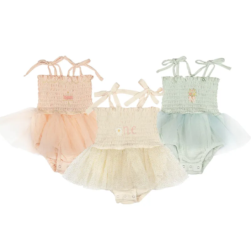 High Quality 0-24M Cotton Embroidery Bubble Baby Girl Clothes Sleeved Tulle Girl Dress Toddler Baby Rompers