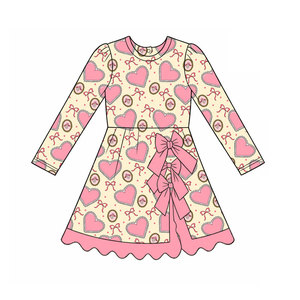 Robe douce à manches longues en coton biologique rose pour bébés filles, avec nœuds en forme de cœur personnalisés, pour la Saint-Valentin, vente en gros, vêtements de fête pour sœurs - Product Image 4