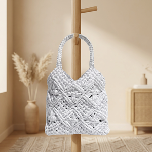 Bolso de mano casual de ganchillo blanco con borlas geométricas, estilo bohemio, asa única, tejido, cierre de cremallera, ecológico - Product Image 4