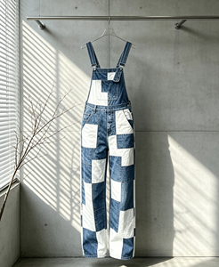 SOONREE Checkerboard Patchwork Denim Overalls Men Blue White Pattern Jumpsuit Streetwear Vintage Bib Overalls <strong>Baggy</strong> <strong>Dungarees</strong> - Product Image 1
