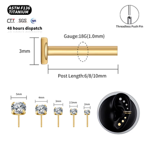 Right Grand ASTM F136 <strong>Titanium</strong> 18G/16G Threadless Push Pin Labret <strong>Stud</strong> CZ Cartilage Earring Helix Tragus Nose <strong>Stud</strong> Piercing - Product Image 2