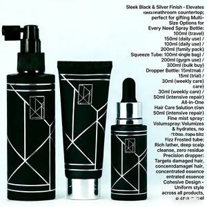 럭셔리 블랙 실버 30ml-300ml 헤어 케어 세트, 수분 공급, 손상모 케어 및 딥 클렌징을 위한 스프레이 병, 스퀴즈 튜브, 드롭퍼 - Product Image 1