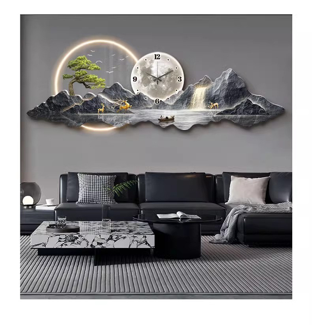 Acrylic LED Wall Clock Decoration Art Deco Style Living Room Landscape Painting Wall Art With Hanging Function