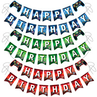 Bannière d'anniversaire sur le thème des manettes de jeu, spirales suspendues bleues, décorations de fête joyeux anniversaire