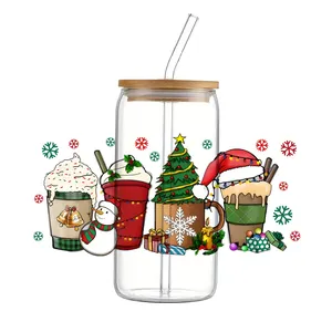 Kerstpatroon Bedrukt Uv Dtf Stickers 16Oz Waterdicht Easy Peel Voor Cup Wraps Voor Diy Glas Keramische Stickers
