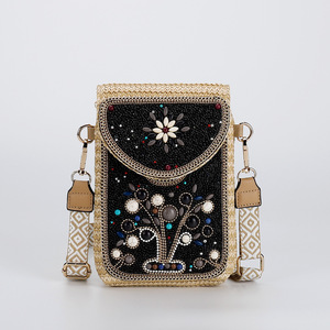 Sac bandoulière carré pour téléphone en perles de riz style bohème, avec coquillage exquis et paille, Prêt à expédier, Commande mixte en gros - Product Image 2