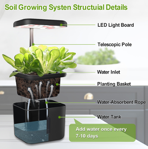 Système de culture en terre pour intérieur avec éclairage LED, pot auto-arrosant avec réservoir d'eau et perche télescopique - Product Image 5