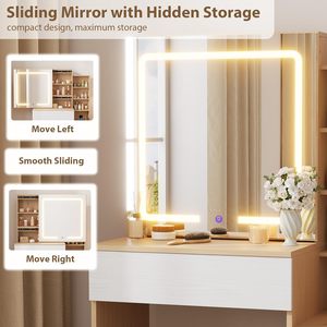 Tocador de Maquillaje Moderno PHOENIX HOME con 4 Cajones y 7 Estantes de Almacenamiento, Taburete, 3 Modos de Iluminación y Espejo Deslizante para Dormitorio - Product Image 5