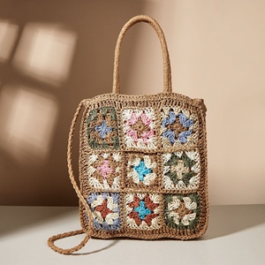 Bolso de Verano Boho Tejido <span class=keywords><strong>a</strong></span> Mano con Flores de Ganchillo, Bandolera <span class=keywords><strong>a</strong></span> Cuadros, Bolso de Mujer Rústico, Bolso de Playa de Paja - Product Image 1