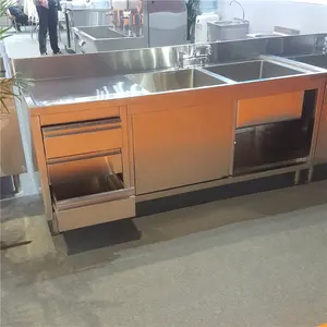 Sliding Kitchen Cabinet 1800mm Large Size Stainless Steel Commercial Kitchen Sliding Door Cabinet With 2 Sinks And 3 Drawers