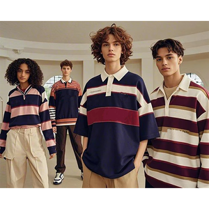 新学期服 カスタムプリント 刺繍入り ストライプ ポロネック ラグビーポロシャツ 長袖Tシャツ メンズ レディース - Product Image 1