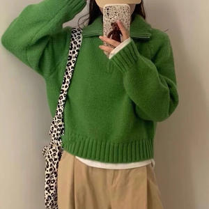 拉链翻领休闲针织长袖毛衣女式时尚实心女套头衫 - Product Image 3