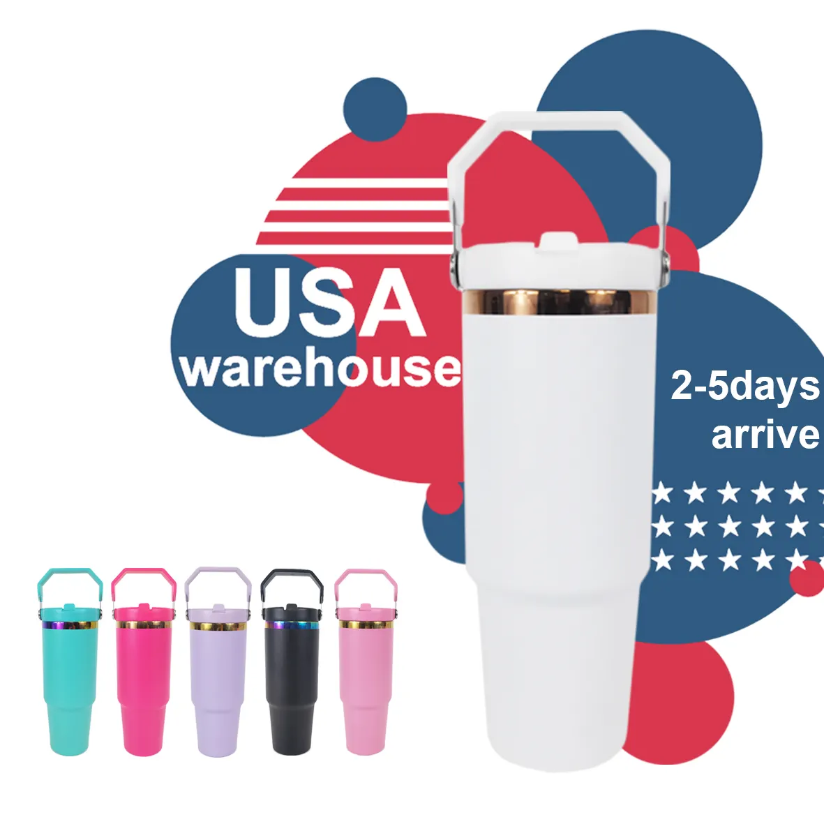 Newest 30 Oz Rainbow Underneath Travel Coffee Mug Stainless Steel 30oz Thermos Cup Flip Straw Tumbler With Handle For Laser
