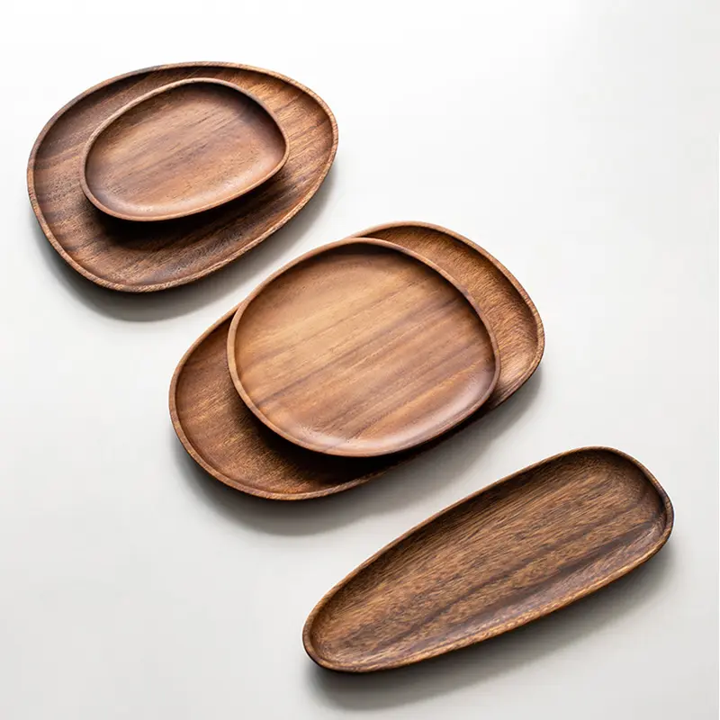 रचनात्मक अखरोट ठोस लकड़ी ट्रे घरेलू लकड़ी प्लेट सेट व्यंजन अनियमित फल की थाली नाश्ता चाय प्लेट