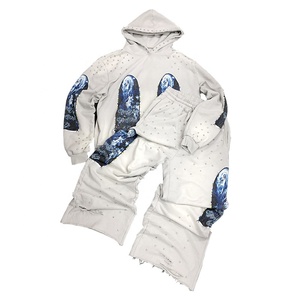 Conjunto de sudaderas con capucha y pantalones de chándal con lavado ácido apilado personalizado, chándal de chándal bordado desgastado de retazos acampanados de pierna ancha - Product Image 1