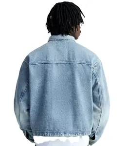 OEM Custom Mens Jean Denim Jacket Faded Effect Japanese Denim Cotton Coat Oversized Vintage Washed Denim Jacket