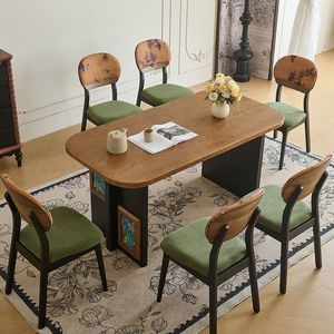 Juego de mesa y sillas de comedor de madera maciza de estilo europeo retro, rectangular, para sala de estar y comedor - Product Image 2