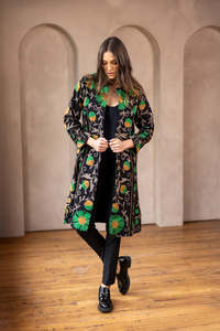 Indian Finished Button Floral Embroidered Black Print <b>Kantha</b> Quilted Eco-Friendly Women's Winter <b>Jackets</b> Pure Cotton - Product Image 2