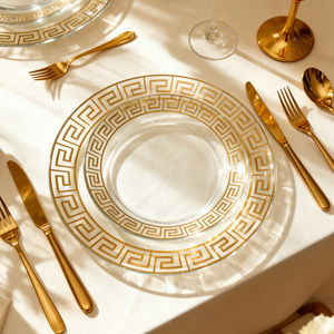 Vente directe d'usine, assiettes en verre de style européen de 13 pouces avec bordure dorée, design personnalisé, sans plomb, sans danger pour les aliments, respectueux de l'environnement - Product Image 1