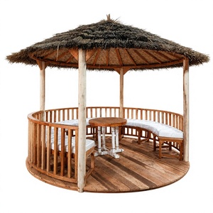 Pergola ronde en chaume, gazebo en bambou, pavillon en bois, patio extérieur avec bancs rembourrés - Product Image 1
