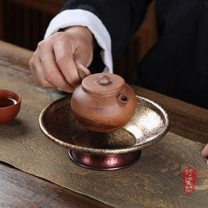 Purple Copper Wood Grain Gold Teapot Stand Handmade Hammered Round Tea Tray For Afternoon Tea - Product Image 1