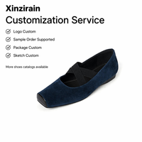 Xinzirain Ballerines plates Mary Jane personnalisées en daim bleu marine à bout carré croisé pour femmes