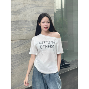 Good Price <b>Women's</b> One-Shoulder <b>T</b>-<b>Shirt</b> MISOUL, Short Sleeve, Trendy Letter Print, Soft Paper Cotton Fabric, Big Size - Product Image 2