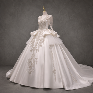 Vestido de Novia de Gala con Cuello Alto, Manga Larga, Cristales, Volantes, Satén, Tallas Grandes, Estilo Princesa, Flores Personalizadas, para Madre de la Novia - Product Image 3
