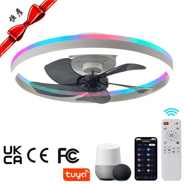 Smart 6-Speeds LED RGB Flush Mount Modern Ceiling Fan RGB Remote 2700K-6000K Dimmable 7 Blades Black Aluminum DC Motor Bedroom
