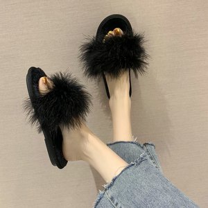 <span class=keywords><strong>Plumas</strong></span> planas estilo coreano sandalias deslizantes con punta abierta para mujer peludas de moda para zapatillas - Product Image 2