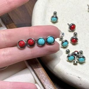 Stud <b>Earrings</b> <b>Red</b> Lake Blue Bezel Setting Geometric Ball Shape Unisex Couple Style Gift Fashionable New Design - Product Image 1
