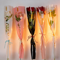 Buket Mawar Merah Buatan Kustom dengan Lampu LED, Mutiara, Tangkai Tunggal, Tas Hitam, Kotak Transparan untuk Hari Valentine, Hari Ibu, Wisuda